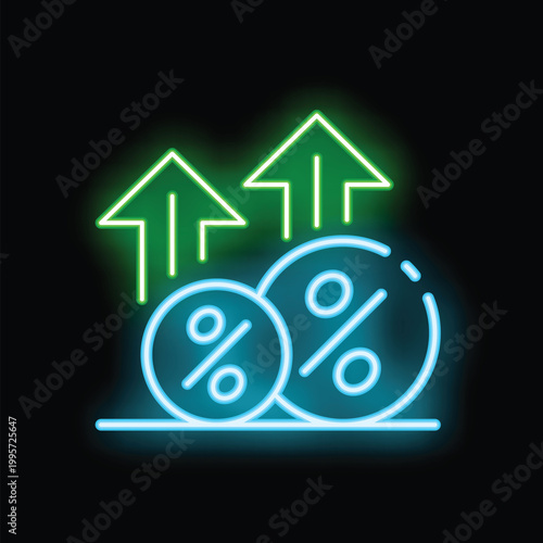 Neon sign showing growing percentage symbol with arrows up over black background for business and finance concept