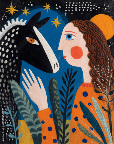 A woman with curly hair and an orange polka-dot dress gazes at a black horse with white markings under a starry night sky.