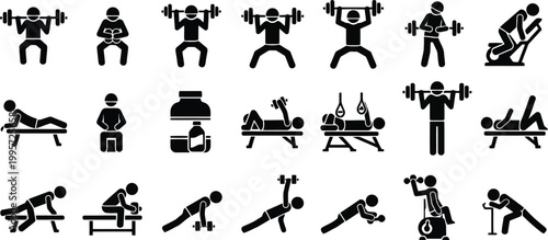 Fitness workout icons set with diverse exercises and gym equipment for health and wellness