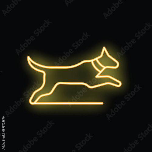 Bright yellow neon sign of a dog running and jumping, set against a dark background