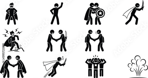 Superhero stick figure icons set showing various actions betrayal conflict attack combat and power dynamic scenes