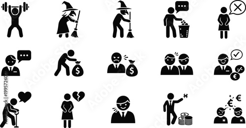 Diverse collection of flat design icons representing business concepts, finance, and human interactions