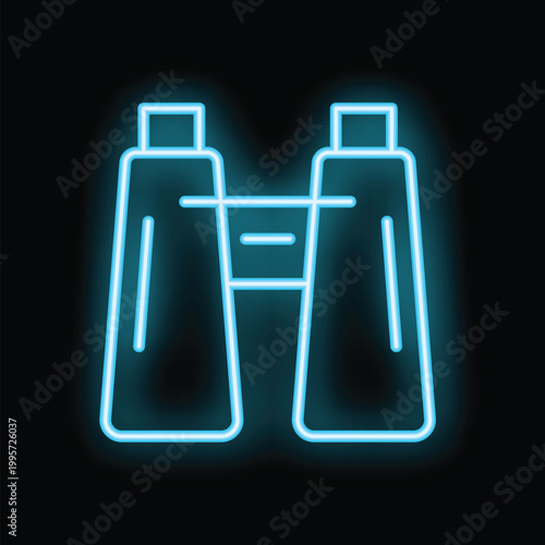 Blue neon sign of binoculars is glowing on a black background