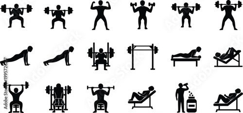 Gym exercise icons collection featuring weightlifting bodybuilding fitness training routines and healthy lifestyle strength workout symbols