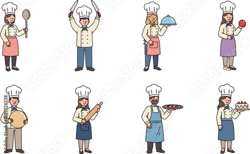 Chefs in Uniform with Cooking Tools, Trays, and Plates for Culinary Arts and Kitchen Illustration