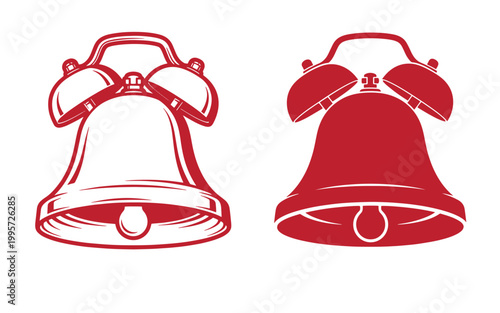 Red bell two alarm clock bell on white background, line two bells