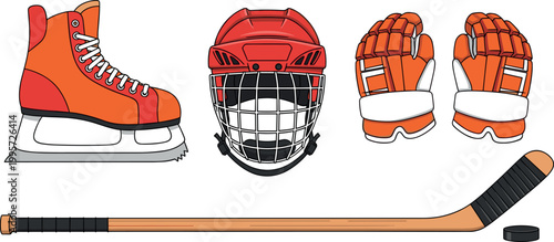 Vector Illustration of Ice Hockey Gear Including Skates, Helmet, Gloves, Stick, and Puck for Sports Equipment Designs