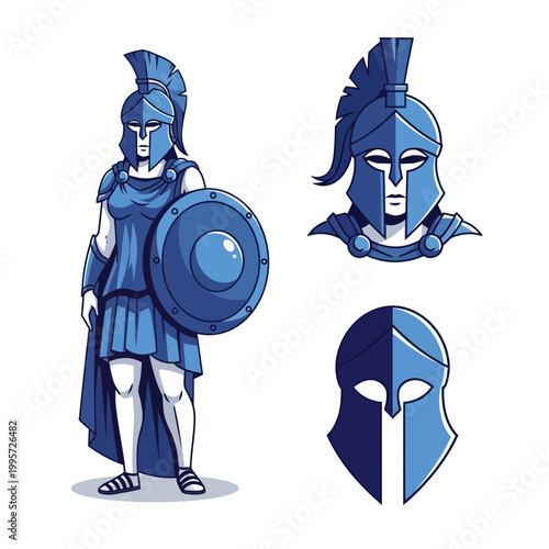Ancient Warrior Woman Figure, Helmet, and Emblem