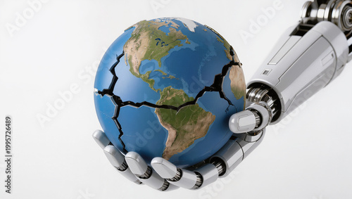 A robot hand holding the world 3D ball on the hand , isolate , white background , futuristic image.