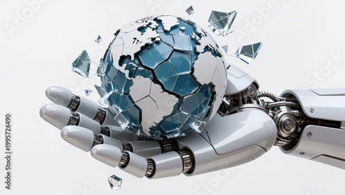Close up a robot hand holding a white world 3D on the hand , white background , isolate image.