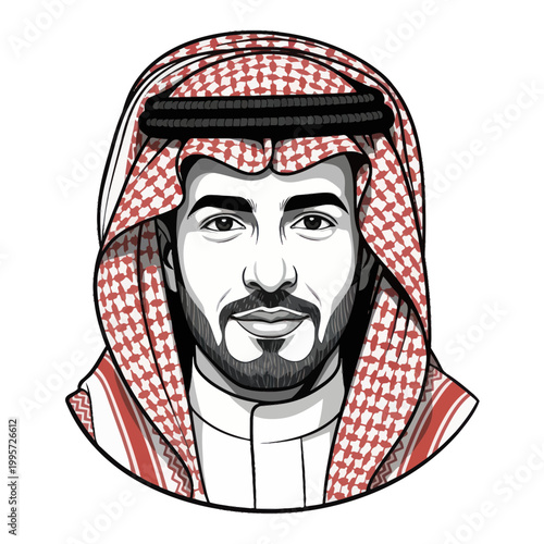 Portrait of a smiling Arab man wearing a traditional keffiyeh and thobe, illustration