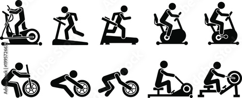 Collection of diverse fitness icons showing people exercising on various gym cardio machines