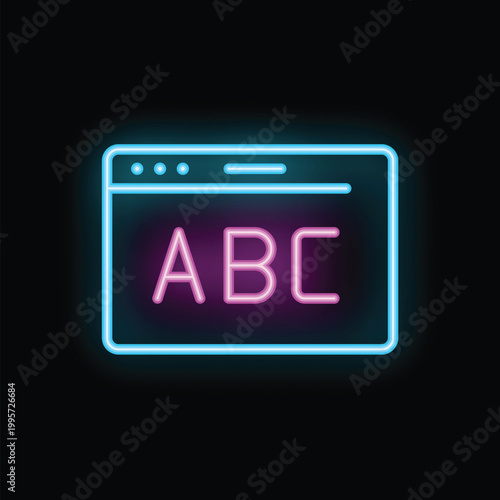 Neon sign of a website interface with abc lettering glowing on a black background, representing online education