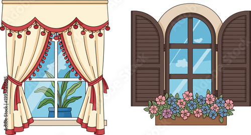 Window with Floral Box and Decorative Curtain Illustration for Home Decor and Interior Design Themes