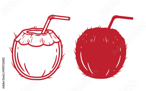 Red coconut with straw, of two coconuts on black background, tropical drink fruit