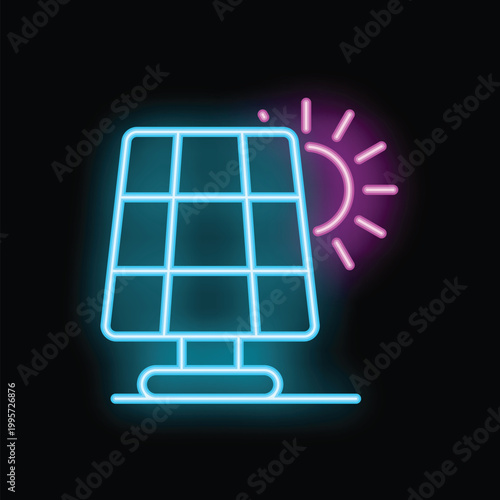 Blue and pink neon solar panel with sun rays icon illustration on black background