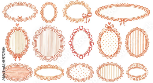 Hand-drawn peach oval lace frames and vintage borders set with bows and blank copy space