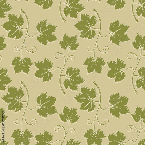 Grapevine leaf pattern with elegant vine swirls, classic botanical background for winery branding, wine cellar decor, organic grape juice packaging, and rustic home textiles