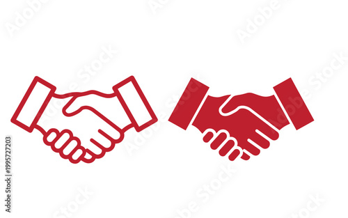 Red handshake on white background, two hands shaking agreement