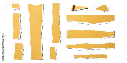 Set of torn yellow paper strips with rough ripped edges