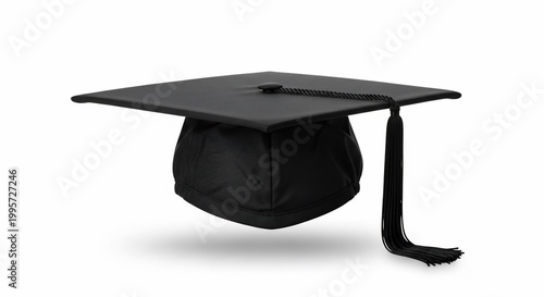 Black Graduation Cap with Tassel Floating on White Background.
