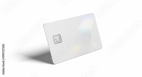 Blank white credit card with chip, isolated on a clean white background, casting a subtle shadow, ready for custom branding and design.