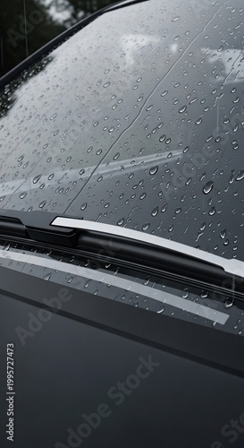 Close-up of a car windshield with raindrops and a wiper blade.
