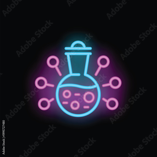 Neon laboratory flask with bubbles representing a chemical reaction in a scientific experiment