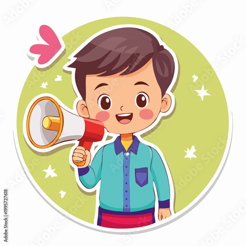 Cartoon boy with megaphone announcing something