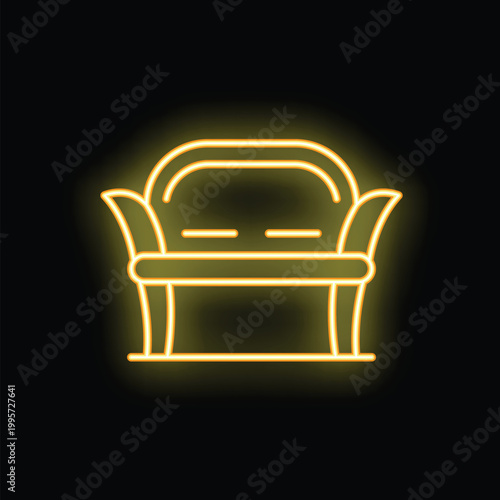 Bright yellow neon icon of a sofa glowing on a black background
