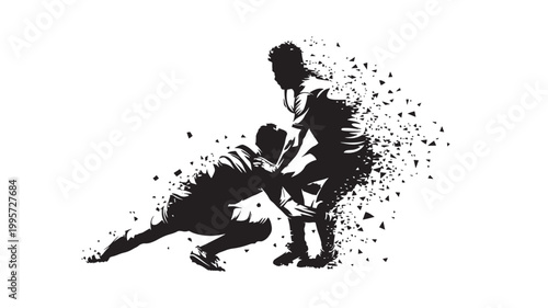 Martial arts fighter silhouette with dynamic pose, grunge ink splatter and black a
