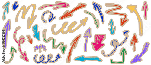 Colorful scrapbook scribble arrows. Hand drawn curved, straight and short arrows with crayon or pencil texture. Vector Cut out grunge collage torn craft paper design elements for journaling, notes.