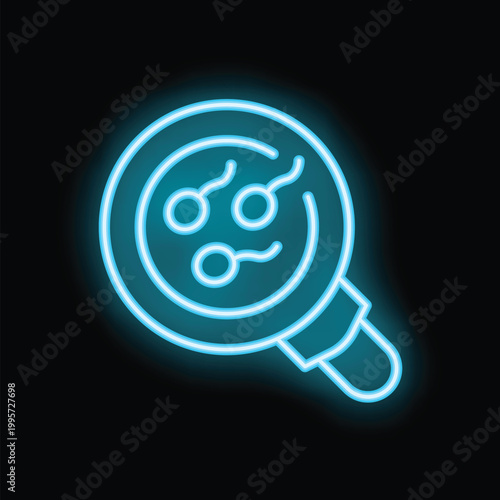 Blue glowing neon line sperm under magnifying glass icon isolated on black background