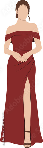 Elegant Faceless Woman In Red Off Shoulder Evening Gown Fashion Illustration
