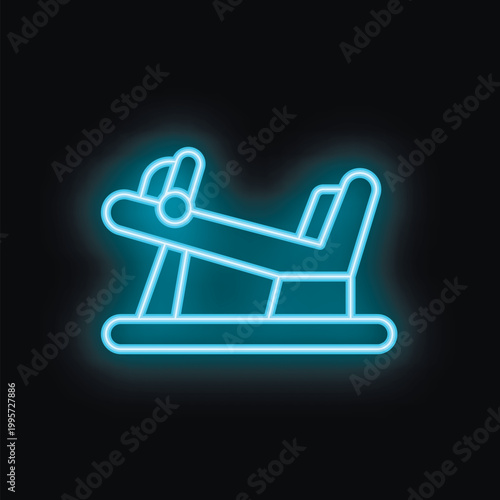 Glowing neon icon representing a weight training machine for exercising leg muscles