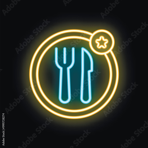 Neon sign showing fork and knife on a plate with a star, perfect for restaurants, bars, and food related businesses
