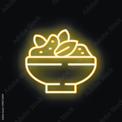 Yellow neon icon of a salad bowl glowing against a dark background