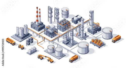 Industrial oil and gas processing plant with storage tanks, pipelines, and transportation vehicles