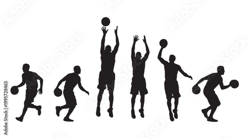 Basketball players silhouette vector set with dribbling, jumping, and ball possession poses on white background