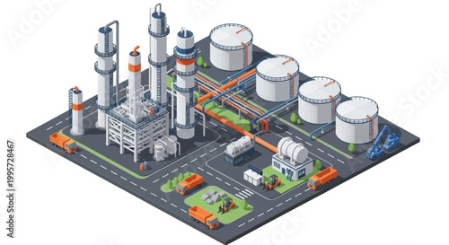 Isometric Industrial Refinery with Storage Tanks, Processing Units, and Transportation Infrastructure