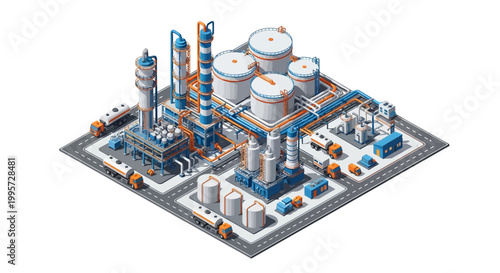 Industrial Complex with Storage Tanks and Processing Units on a Grid Layout, Representing Manufacturing and Production Facilities