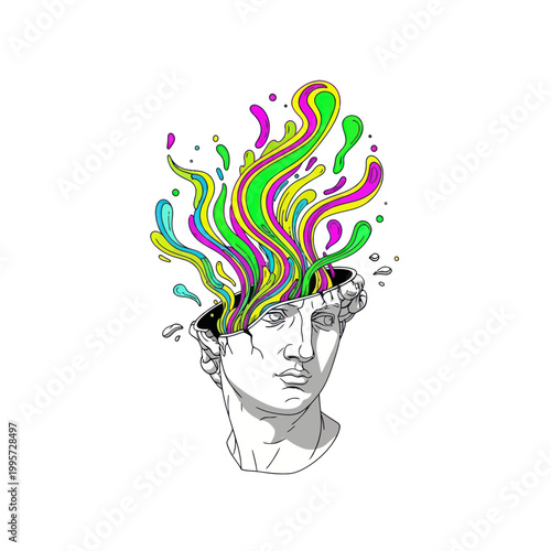 Abstract Mind Explosion: Sculpture Head with Colorful Liquid Burst