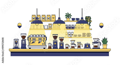 Modern Coffee Bar With Espresso Machine and Grinders - Flat Illustration