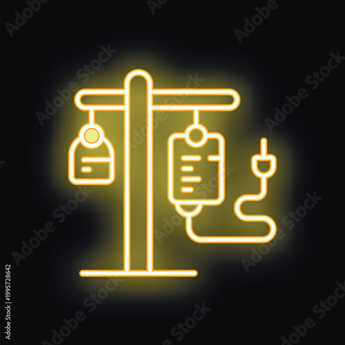 Glowing neon line icon of medical equipment showing intravenous therapy stand with saline solution