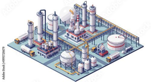 Modern Industrial Oil Refinery Plant with Storage Tanks and Trucks Illustration