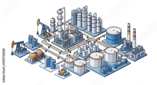 Industrial oil and gas refinery complex with processing units, storage tanks, and pumpjacks, illustrating energy production and extraction infrastructure
