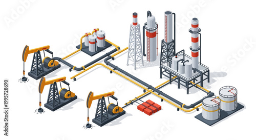 Isometric vector art depicts a petroleum refinery industry layout, showcasing oil processing with pump jacks connected by pipelines to tanks and distillation towers against a clean white