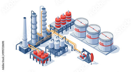 Isometric vector illustration depicting a petroleum refinery industry operation, showcasing tanks and processing units connected by pipelines on a neutral background, with a clean, modern