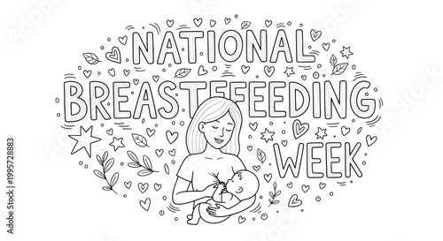 National Breastfeeding Week lettering with a mother and infant sketch