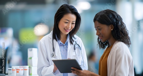 Friendly Doctor Reviews Medical Records with Patient in Pharmacy Setting.
